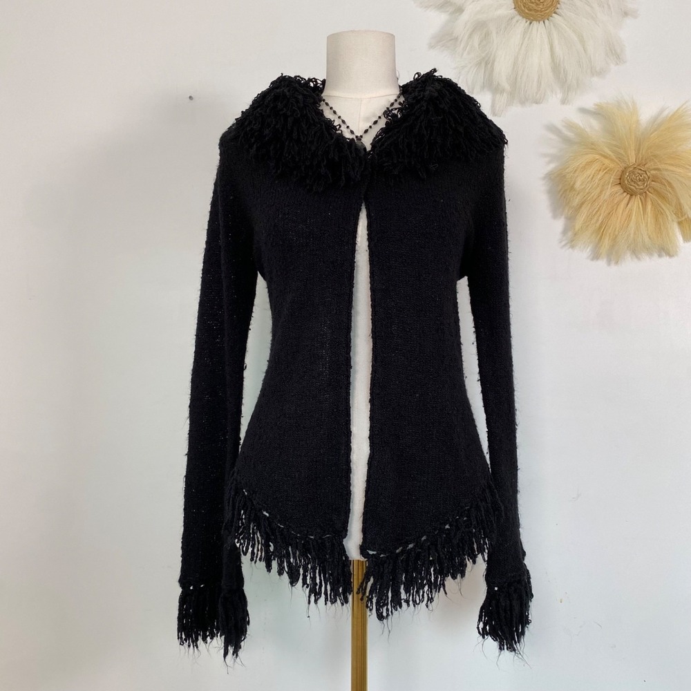 Takeout Womens Vintage Y2K Fairy Grunge Cardigan Sweater Size L Shag Fringe Trim